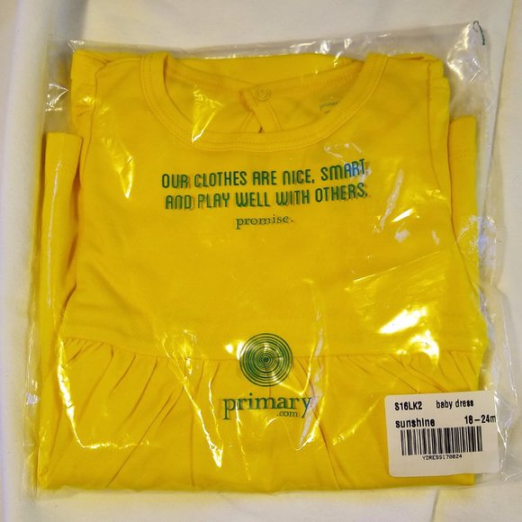 PRIMARY Baby Puff-Sleeve Dress, attached onesie, Sunshine Yellow, size18-24mos. - Picture 10 of 10